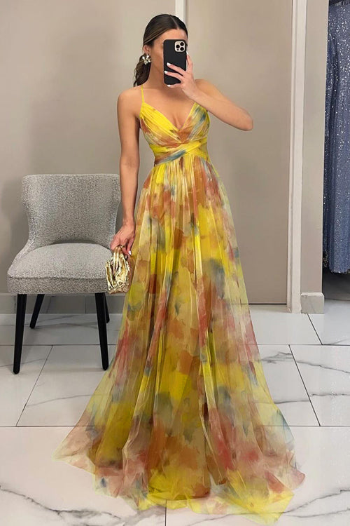 Women Spring Floral V Neck Spaghetti Strap Maxi Dress