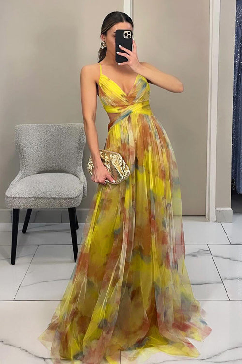 Women Spring Floral V Neck Spaghetti Strap Maxi Dress