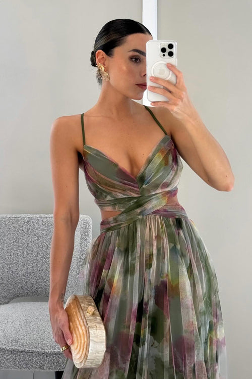 Women Spring Floral V Neck Spaghetti Strap Maxi Dress