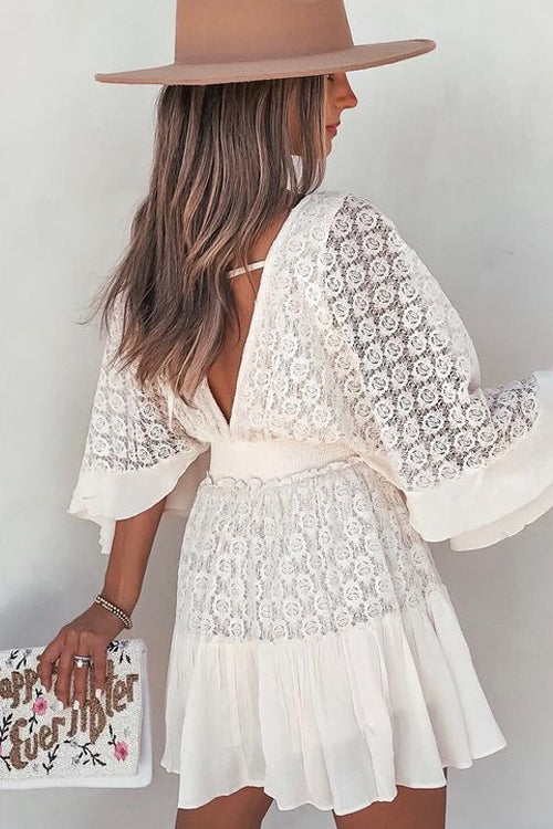 Women Spring Lace V Neck Ruffled Half Sleeve Mini Dress