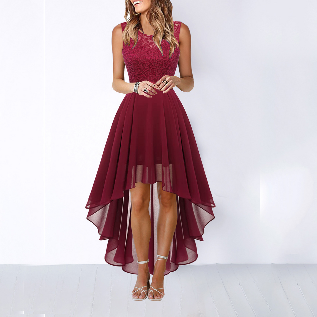 Women's deep red wedding guest midi dress with high low cut and round neckline, front view