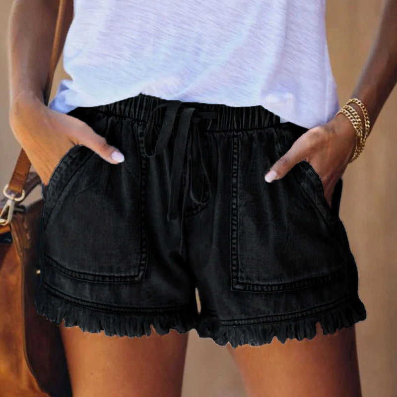 Women black casual shorts with drawstring waist and frayed hem, featuring front patch pockets.