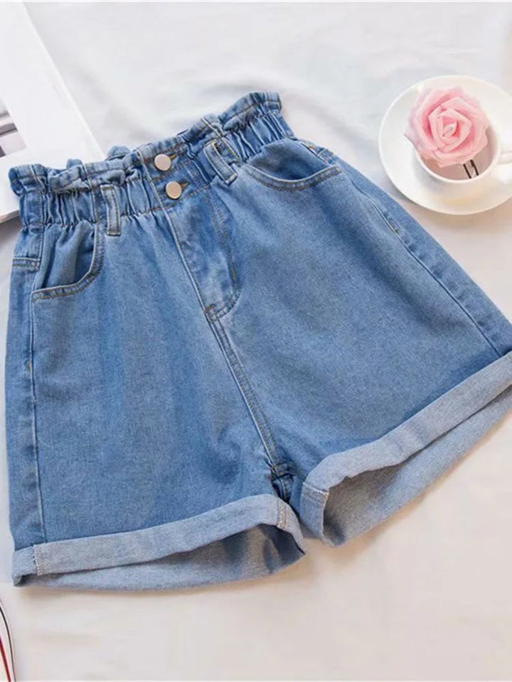 Women light blue denim shorts with paperbag waist, double button closure, and cuffed hems.