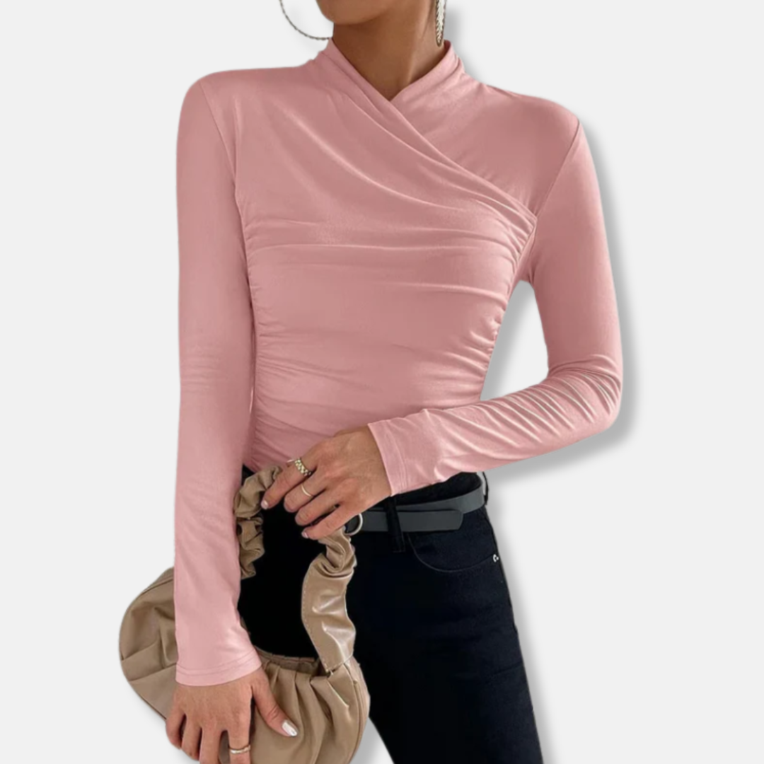 Women light pink long sleeve ruched cross neck top with draped neckline and fitted bodice