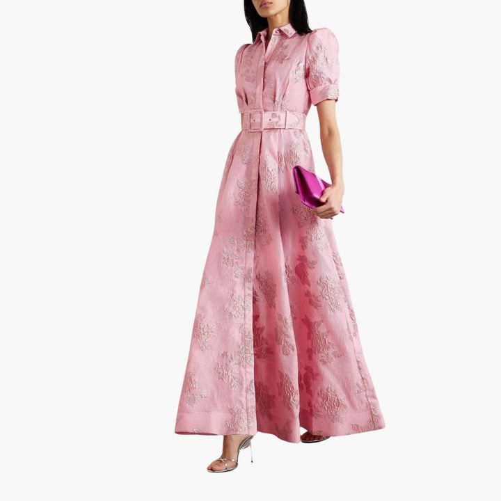 Women pink floral maxi dress with short sleeves and pockets, full length view