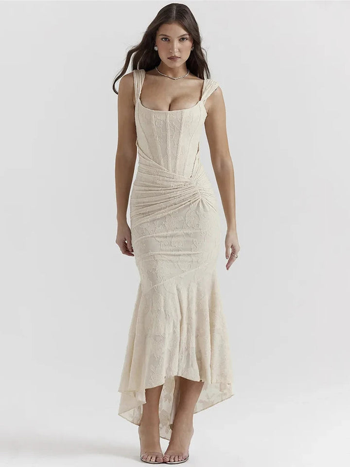 Women beige floral square neck maxi dress with thick straps, ruched waist, and high-low flared hem.