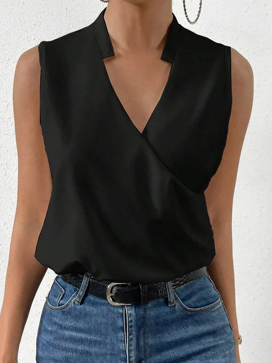 Women black V-neck sleeveless blouse, solid colored front view
