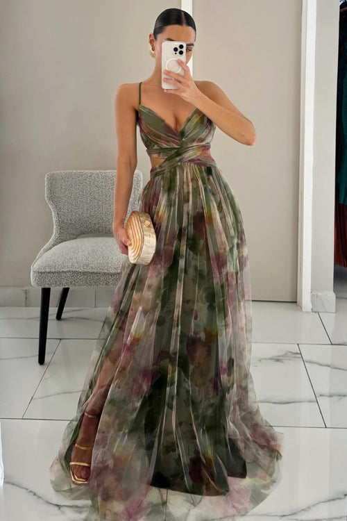 Women Spring Floral V Neck Spaghetti Strap Maxi Dress