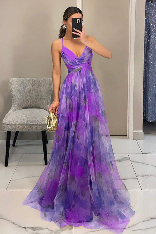 Women Spring Floral V Neck Spaghetti Strap Maxi Dress