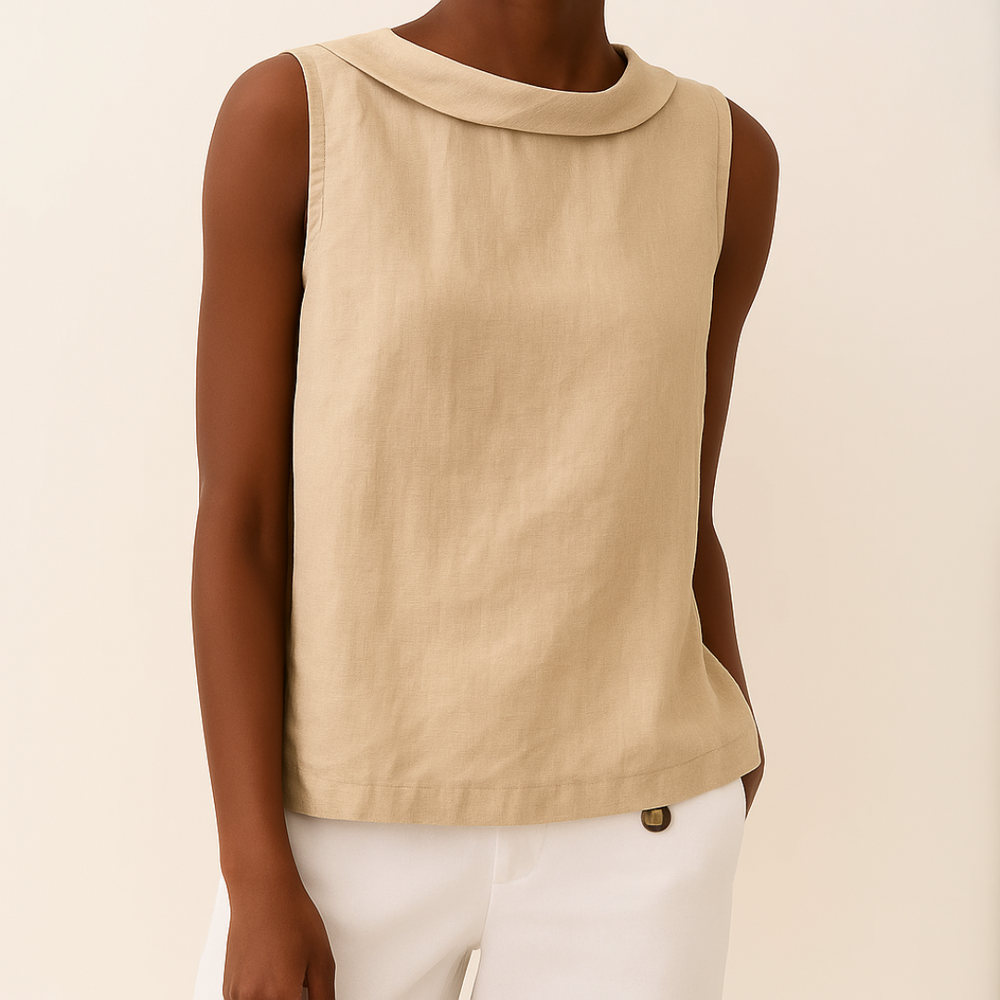 Women beige sleeveless roll collar linen top, front view, tucked in