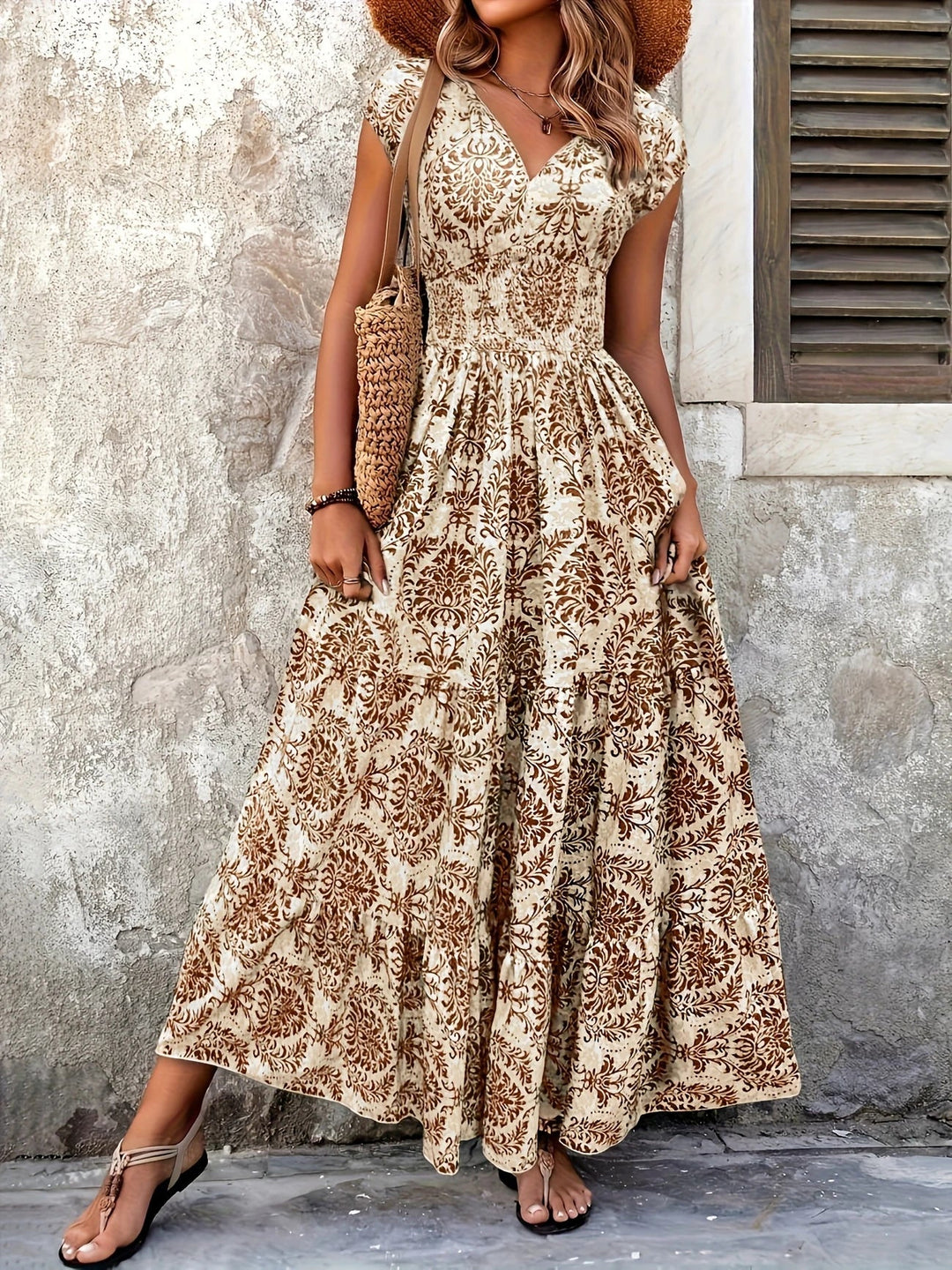 Women's Spring V-Neck Paisley Print Ruffle Hem Maxi Sundress
