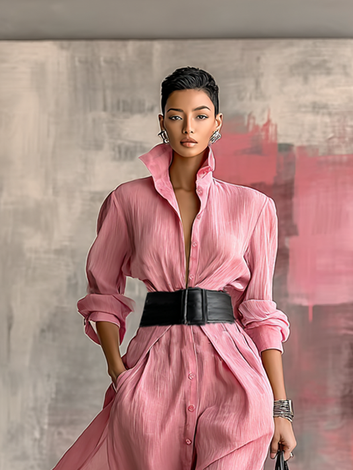 Women's pink collared maxi shirt dress with black belt, showcasing lapel and bodice