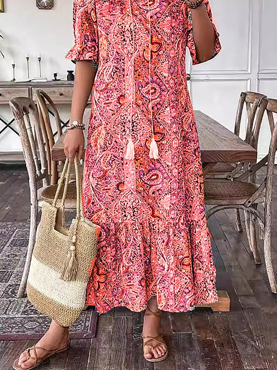 Women Summer Cotton Lace-Up Boho Grace Midi Dress