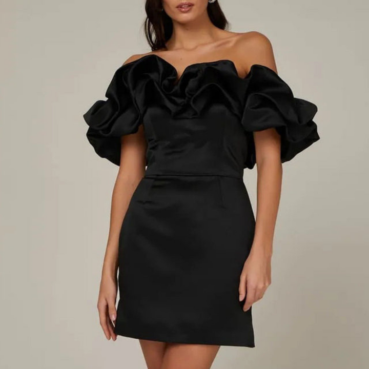 Women black off-shoulder mini dress with ruffled sleeves, front view with fitted bodice