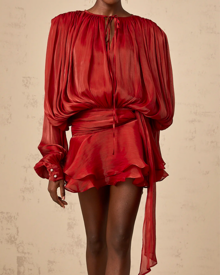 Women red long sleeve round neck mini dress with cinching belt and ruffled hem