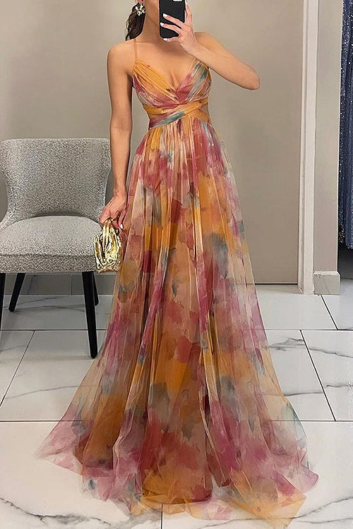 Women Spring Floral V Neck Spaghetti Strap Maxi Dress