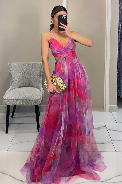 Women Spring Floral V Neck Spaghetti Strap Maxi Dress