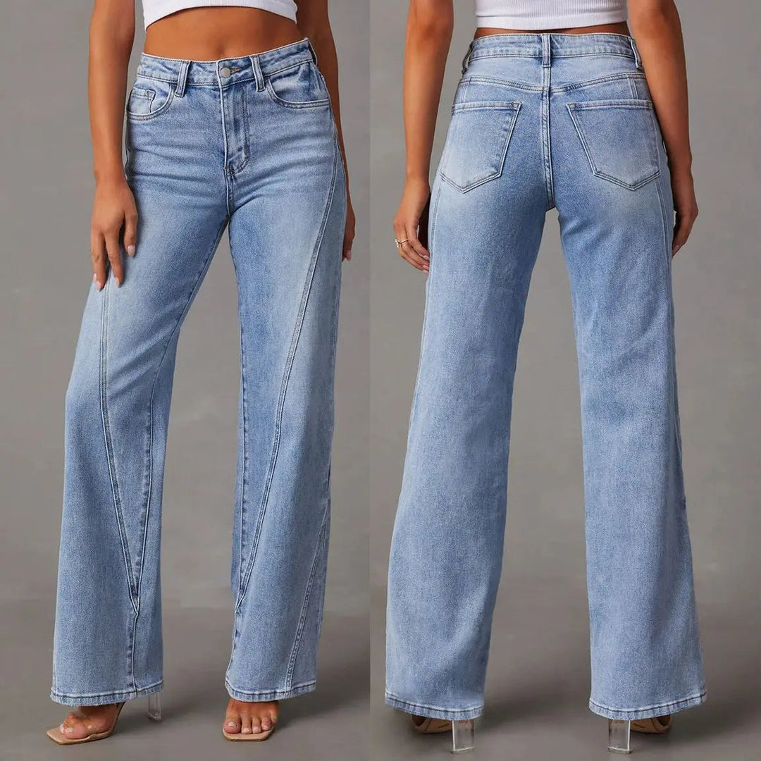 Women light blue high waisted wide leg jeans, front and back views