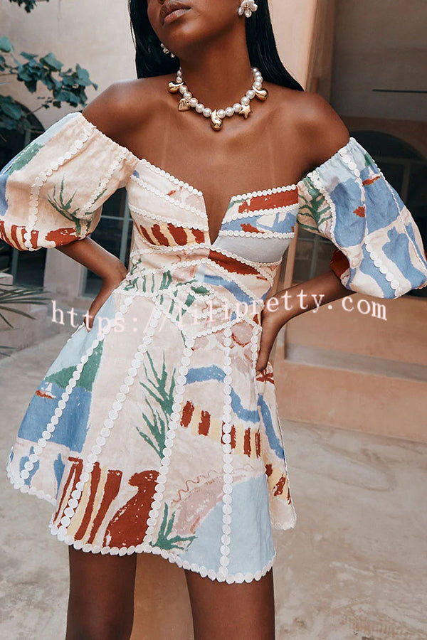 Women colorful printed off-shoulder mini dress with puff sleeves and ric rac trim detail