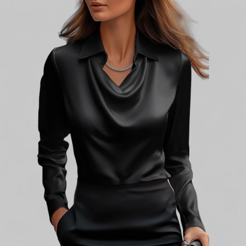 Women black satin draped neck long sleeve blouse with structured collar, model wearing