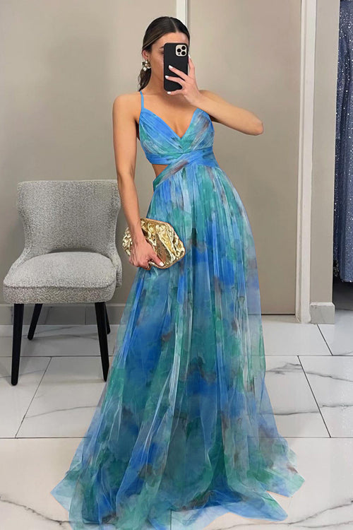 Women Spring Floral V Neck Spaghetti Strap Maxi Dress