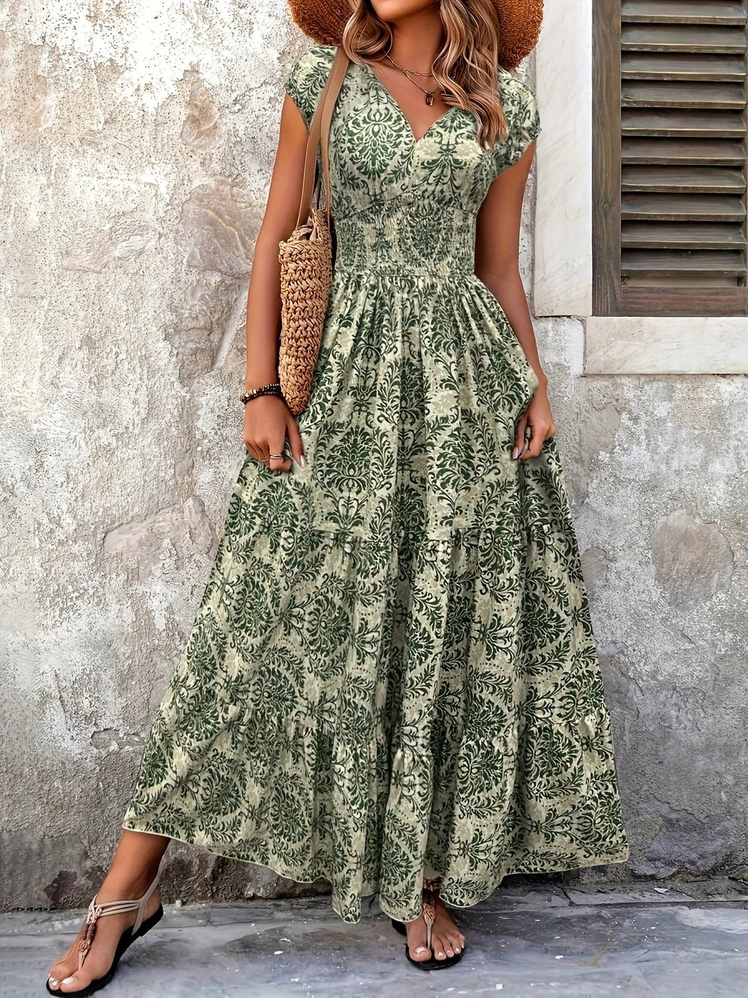 Women green paisley print maxi dress with V-neck and tiered ruffle skirt detail