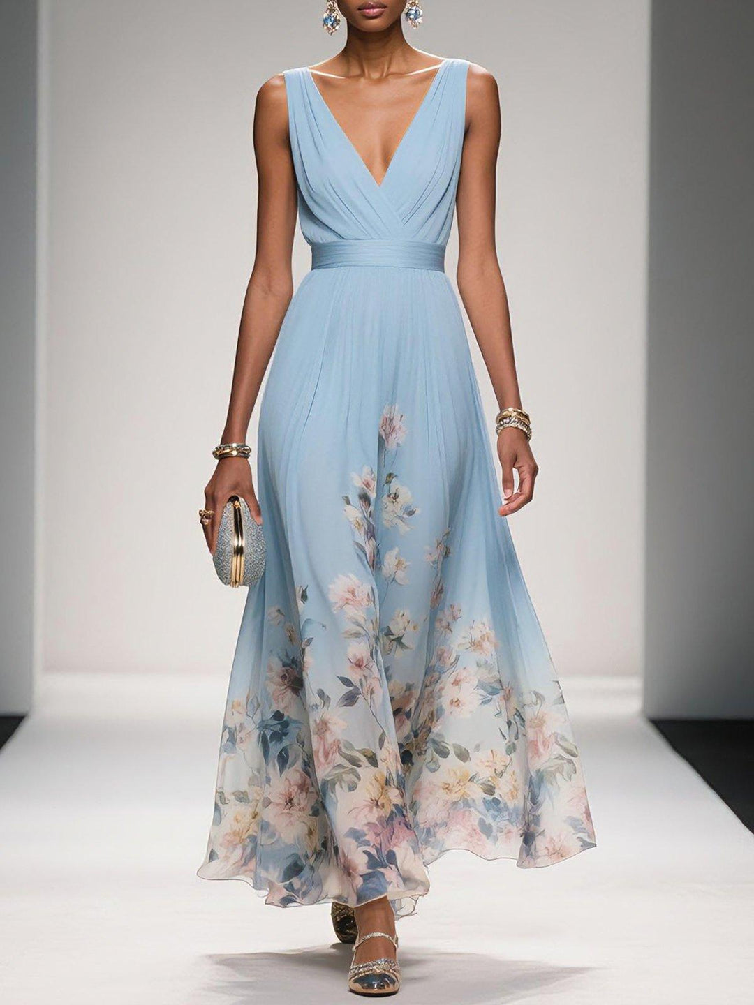 Women light blue floral maxi dress with V-neckline, sleeveless design, and flowing skirt, front view.