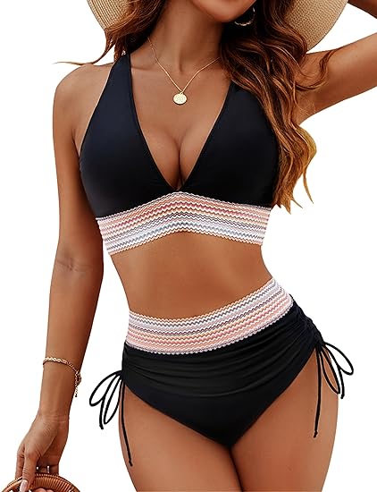 Women black high-waist V-neck striped bikini set, front view with a straw hat