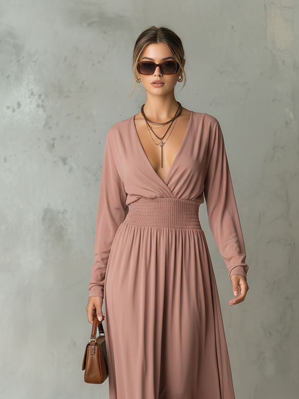 Women rose pink long sleeve V neck maxi dress with smocked waist, upper body close-up