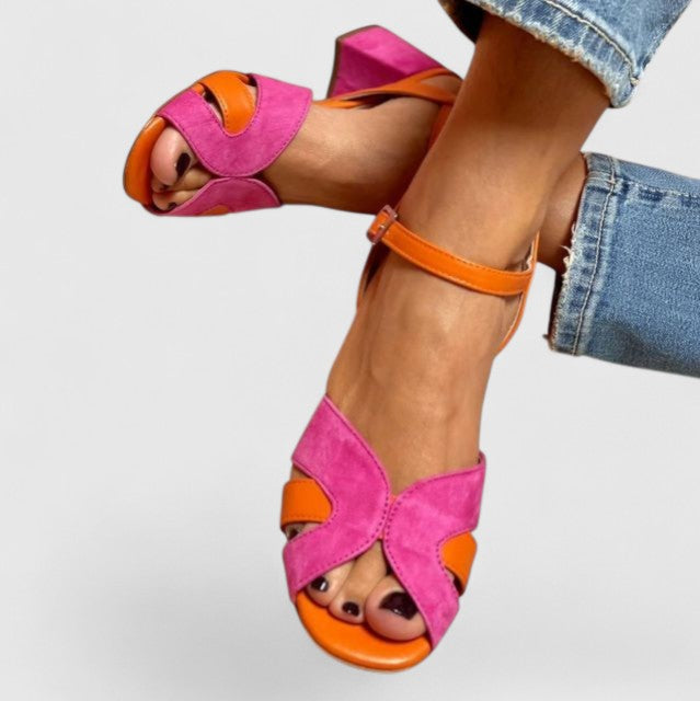 Women pink and orange block heel sandals with ankle strap, top-down view
