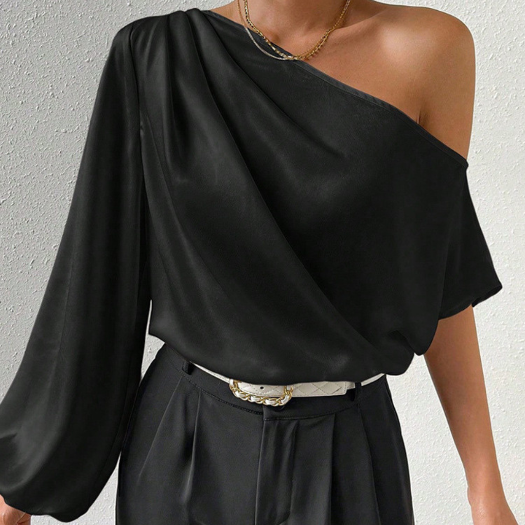 Women Spring Casual Satin Off-Shoulder One-Sleeve Draped Blouse