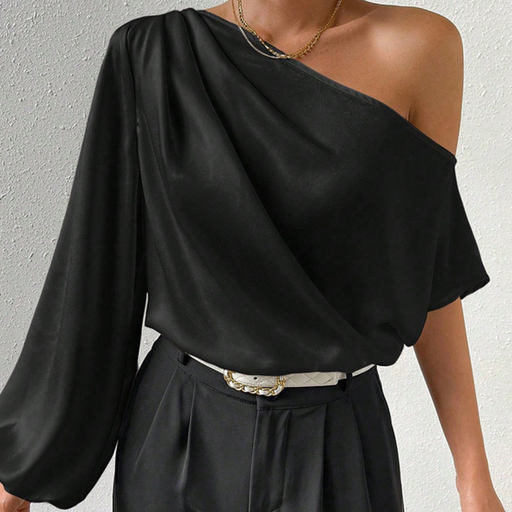 Women Spring Casual Satin Off-Shoulder One-Sleeve Draped Blouse