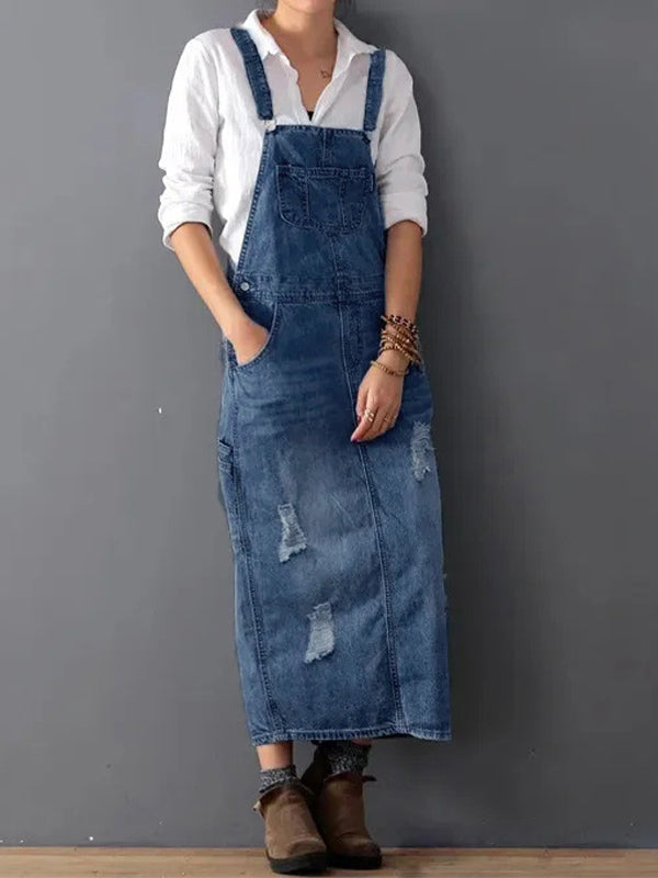 Women blue distressed denim pinafore midi dress, front view on model with casual pose