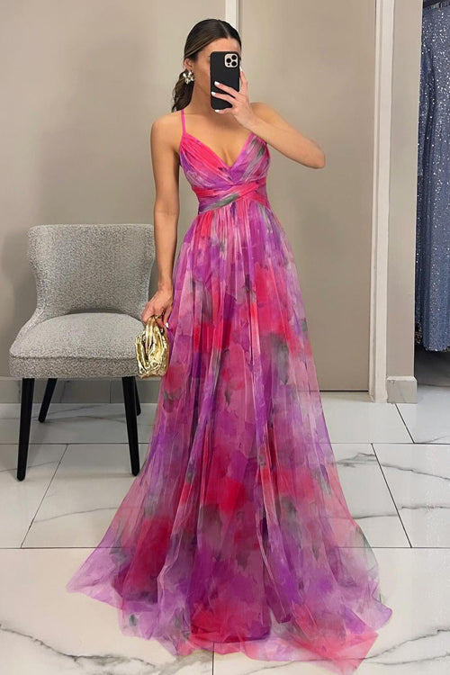 Women Spring Floral V Neck Spaghetti Strap Maxi Dress