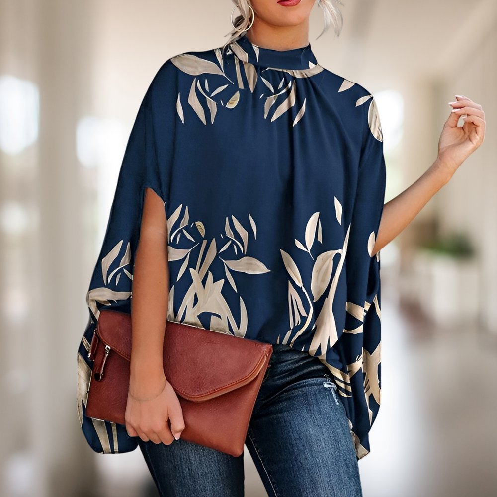 Women's blue leaf print high neck batwing short sleeve blouse three-quarter view