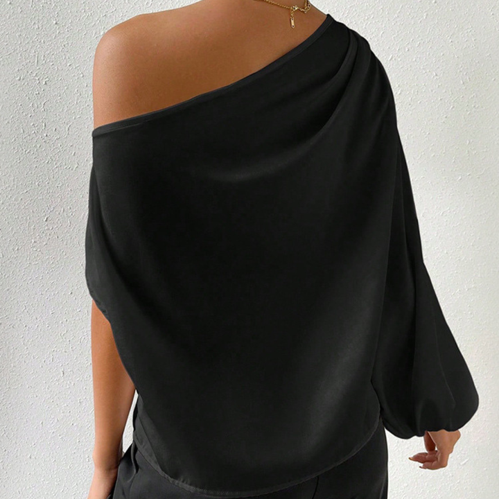 Women Spring Casual Satin Off-Shoulder One-Sleeve Draped Blouse