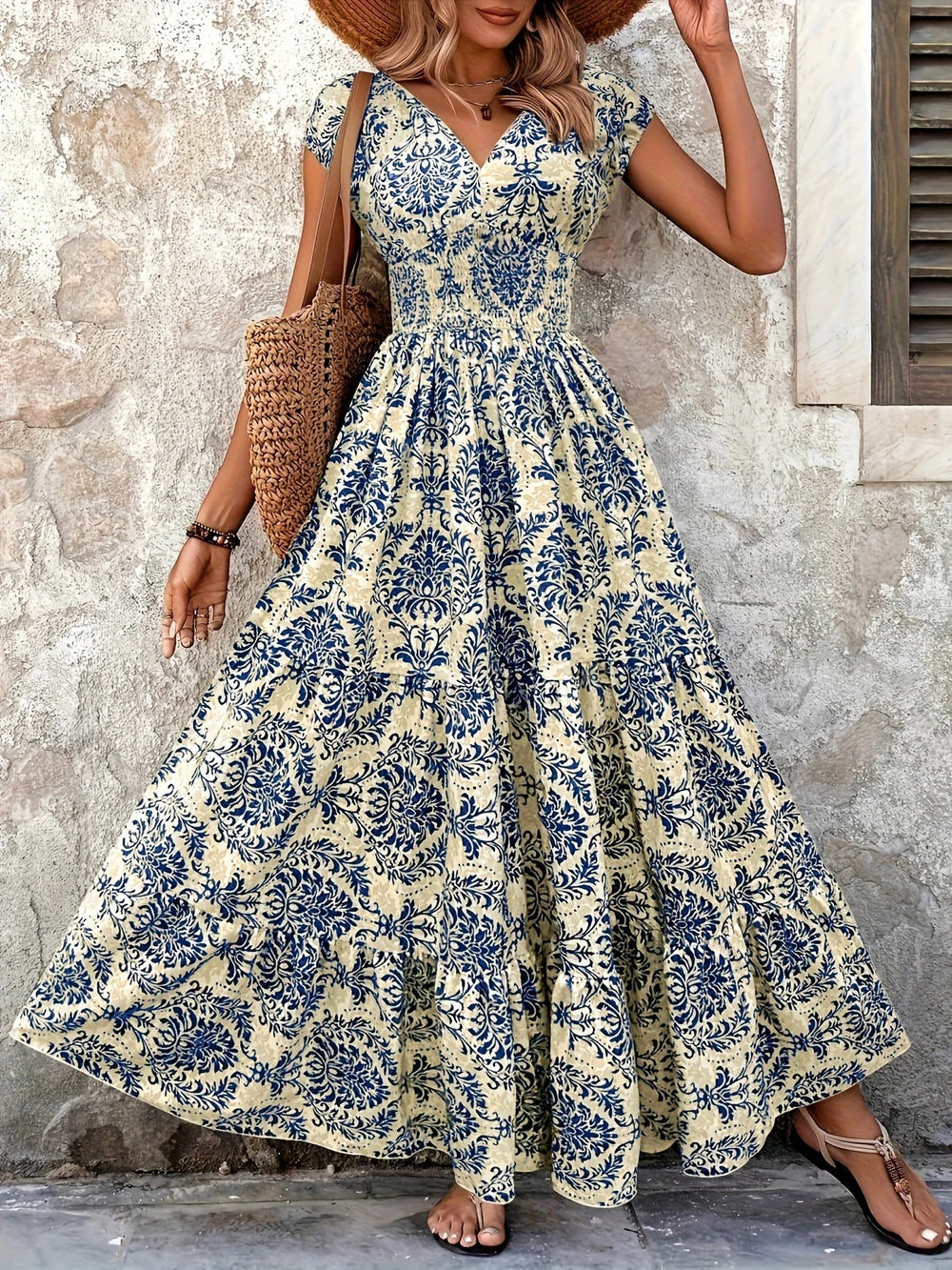 Women blue paisley print maxi dress with V-neck, short sleeves, shirred bodice, and ruffle hem