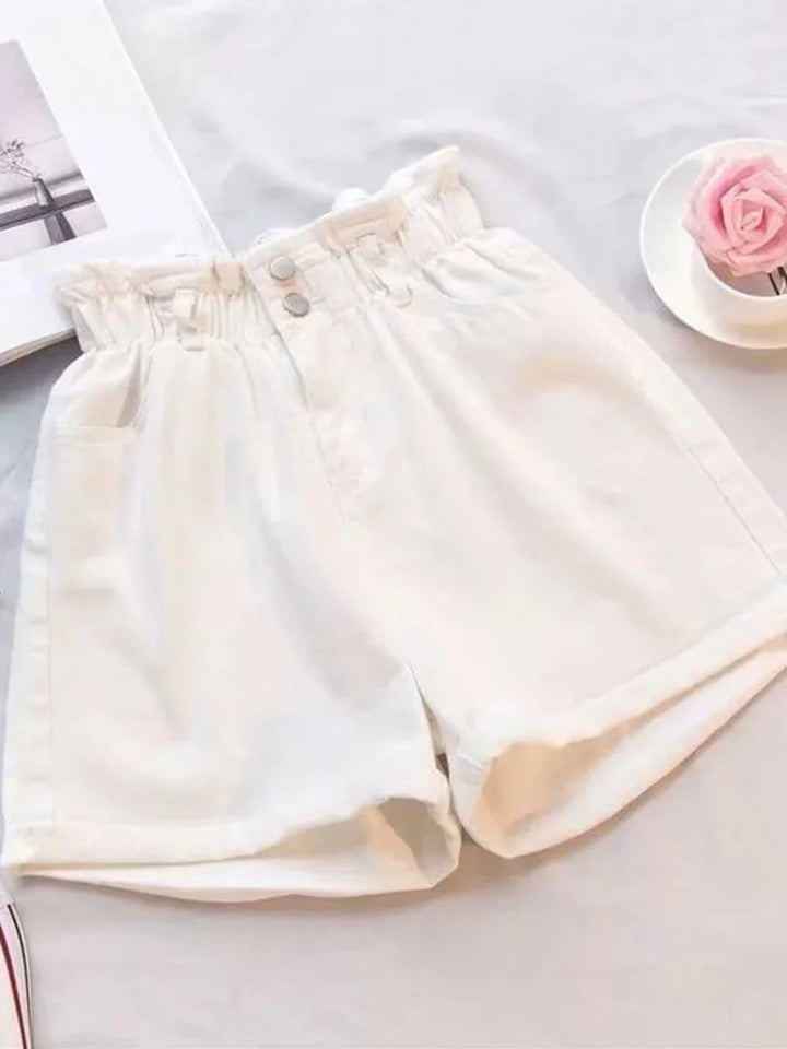Women white denim shorts with casual wide-leg cut, high paperbag waist, and visible front pockets.