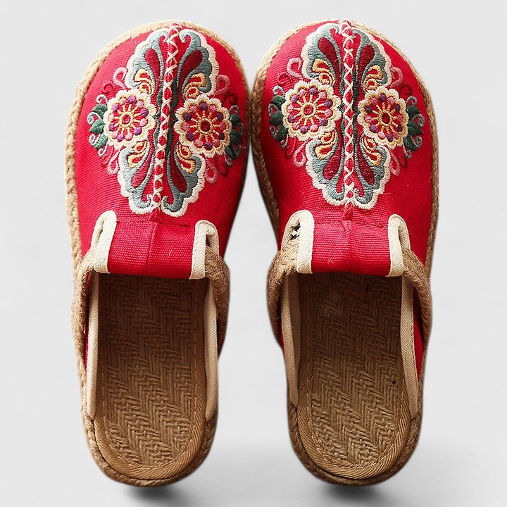 Women red floral embroidered flat mule shoes with woven jute sole detail