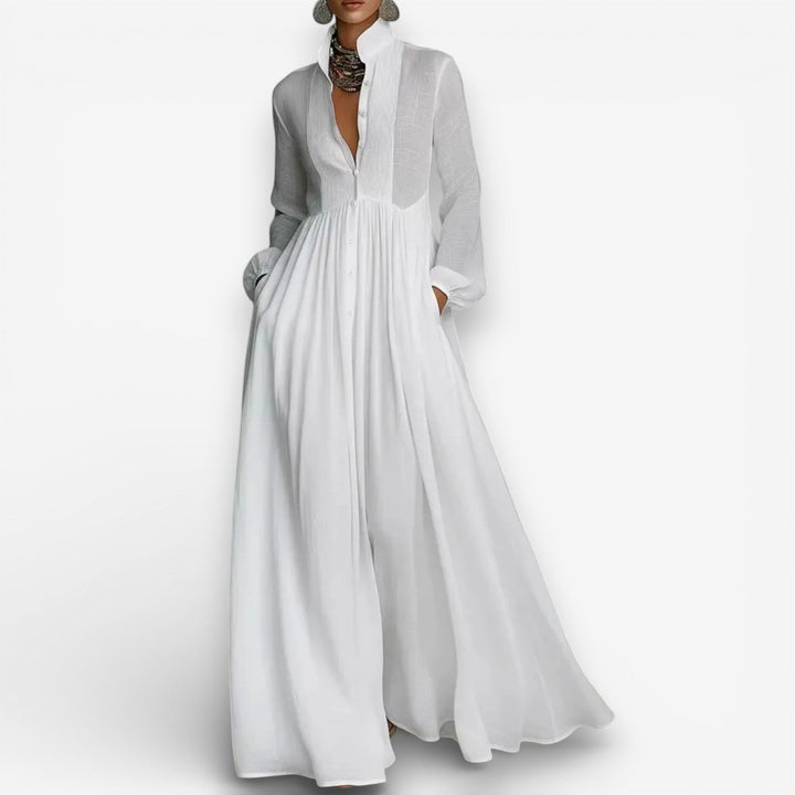 Women white collared long sleeve maxi dress with button front closure and side pockets