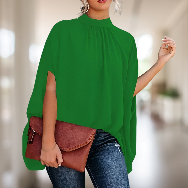 Women's green solid high neck batwing short sleeve blouse with handbag