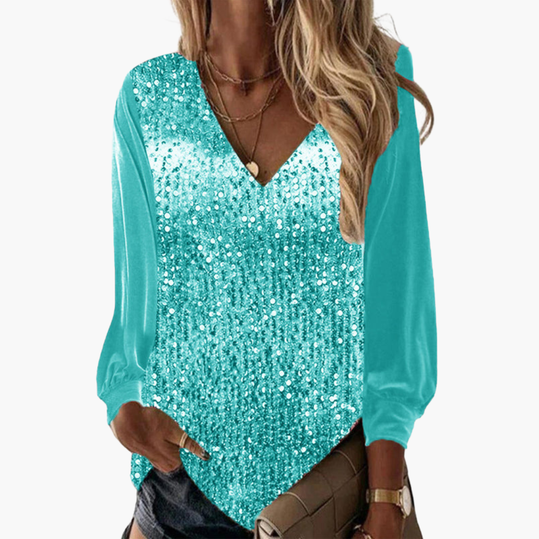 Women turquoise sequin V-neck long sleeve top, full body view on model