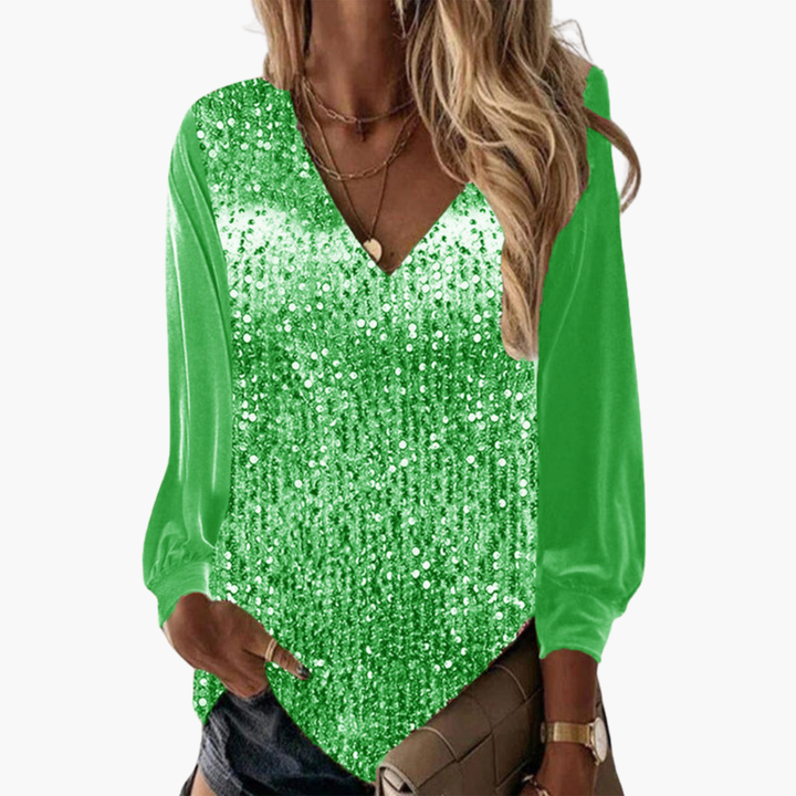 Women green sequin V-neck long sleeve top with elastic cuffs visible on sleeves