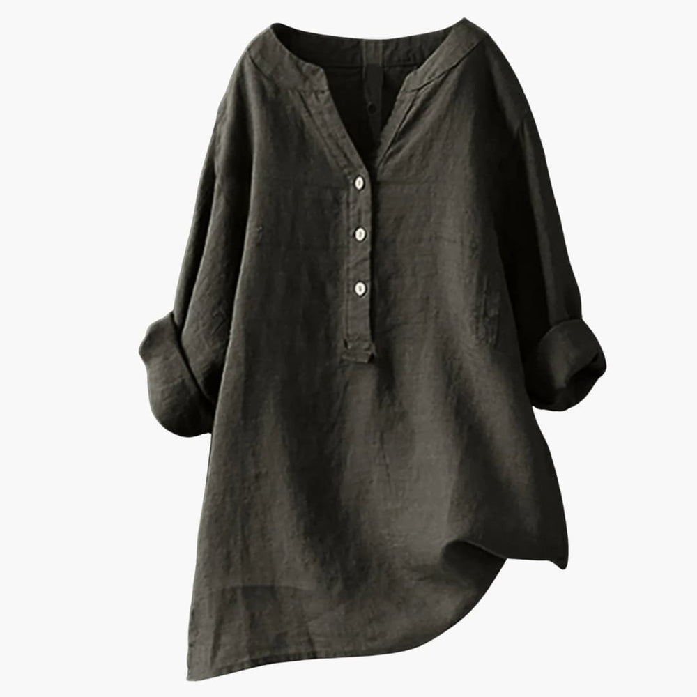 Women dark grey linen blend blouse with V-neck, white buttons, and a loose fit, studio shot.