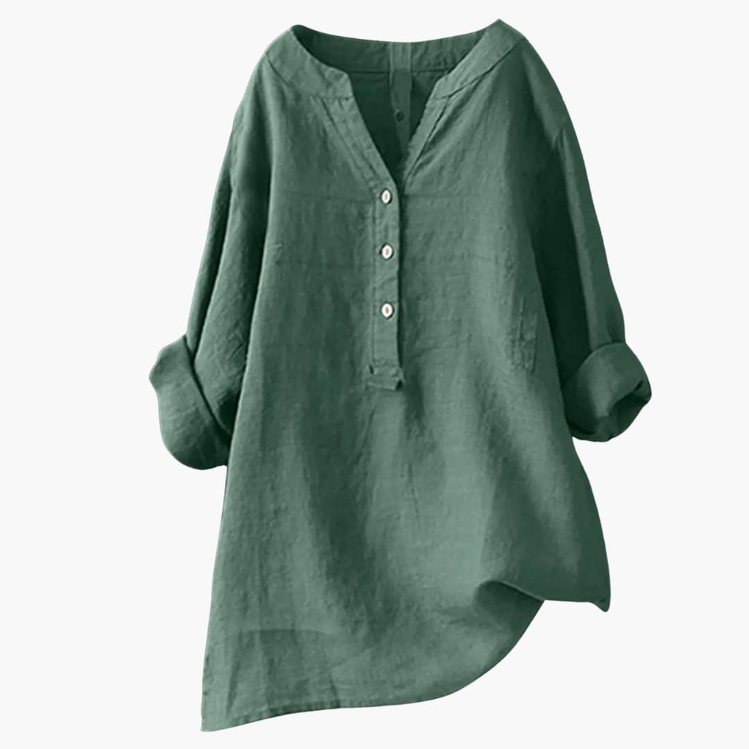 Women green linen blend blouse with V-neck, buttoned placket, and rolled sleeves, clear front view.