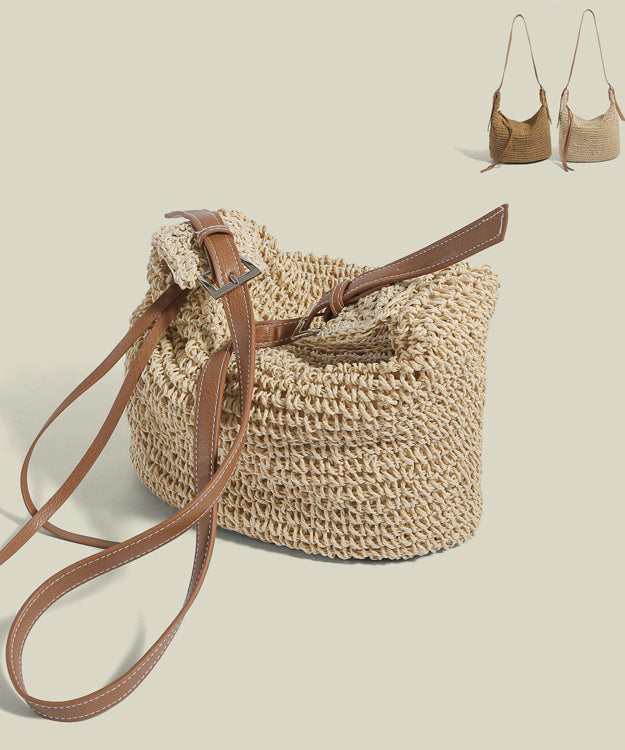 Two women straw woven bucket bags in beige and tan, top view with drawstring closure