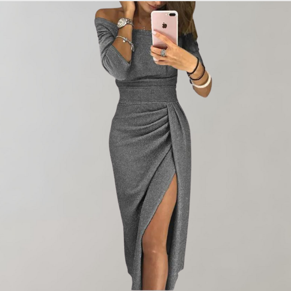 Women grey off shoulder long sleeve midi dress with shoulder detailing and ruched skirt