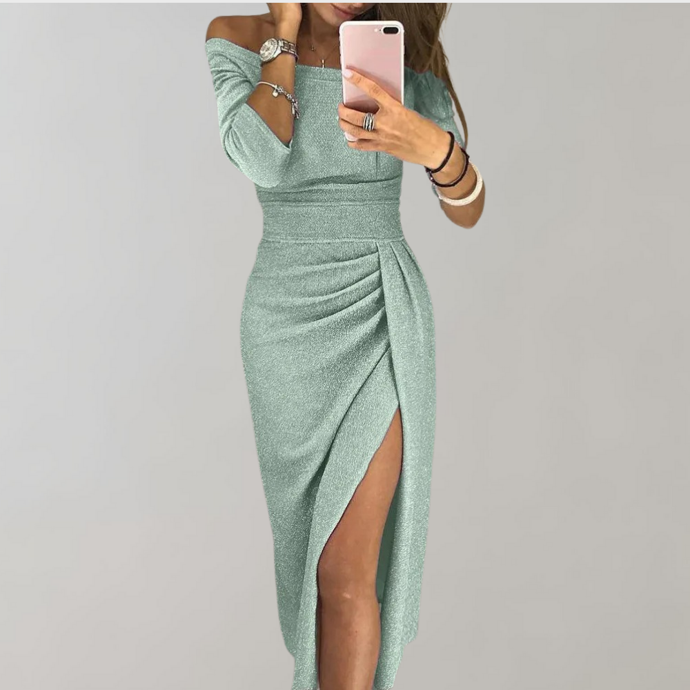 Women mint green off shoulder long sleeve midi dress with ruched side and slit
