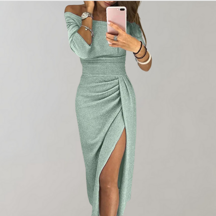Women mint green off shoulder long sleeve midi dress with ruched side and slit