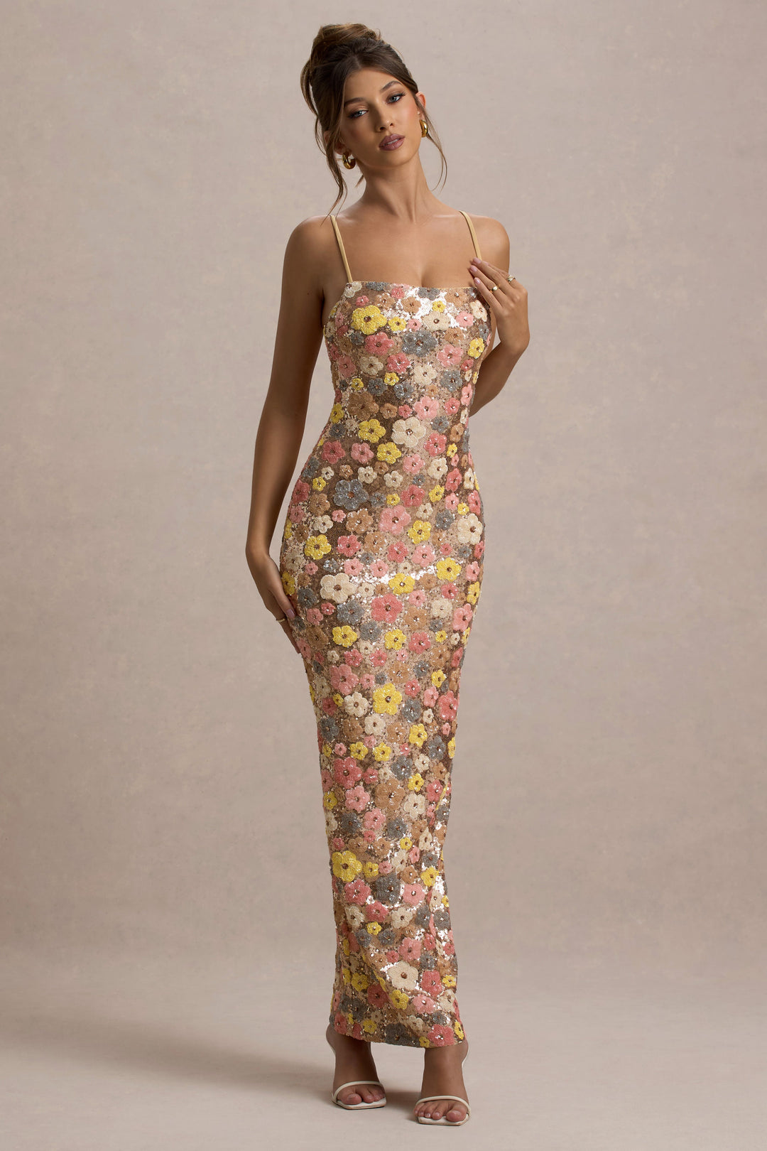 Women multi-color floral sequin maxi dress with square neckline and thin straps, full view.